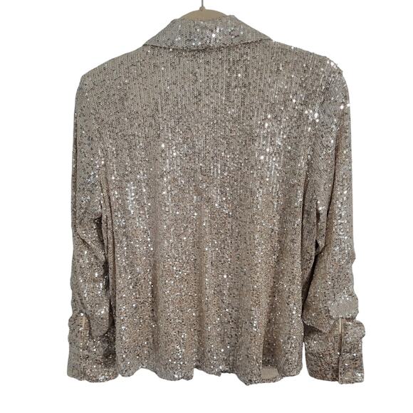 Sanctuary Radiant Long Sleeve Sequin Shirt Button Down Champagne Silver Medium - Picture 3 of 8